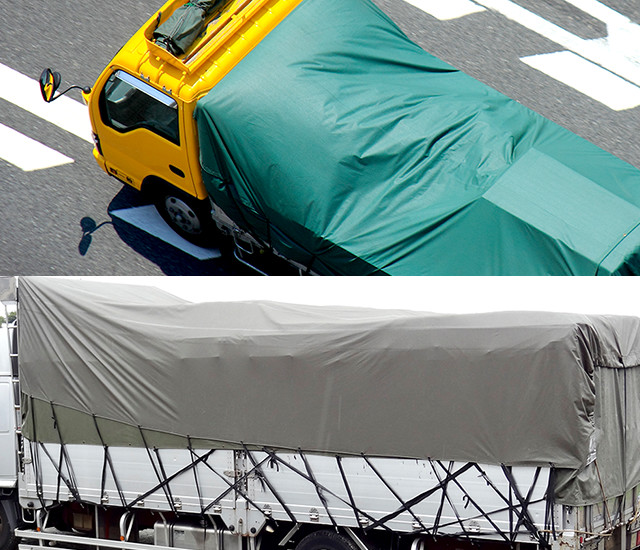 ODグリーンの大型トラック平シートを荷台サイズに合わせて広げた状態
